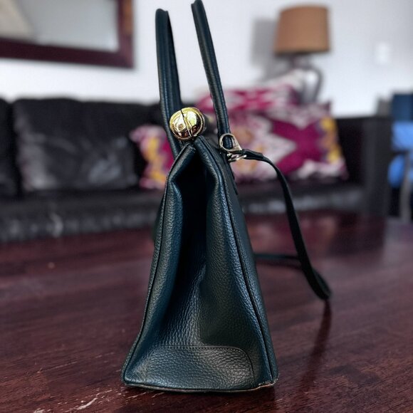 Italian Green Leather Satchel – Structured Top Handle Bag w/ Gold Tone Hardware - Picture 3 of 9